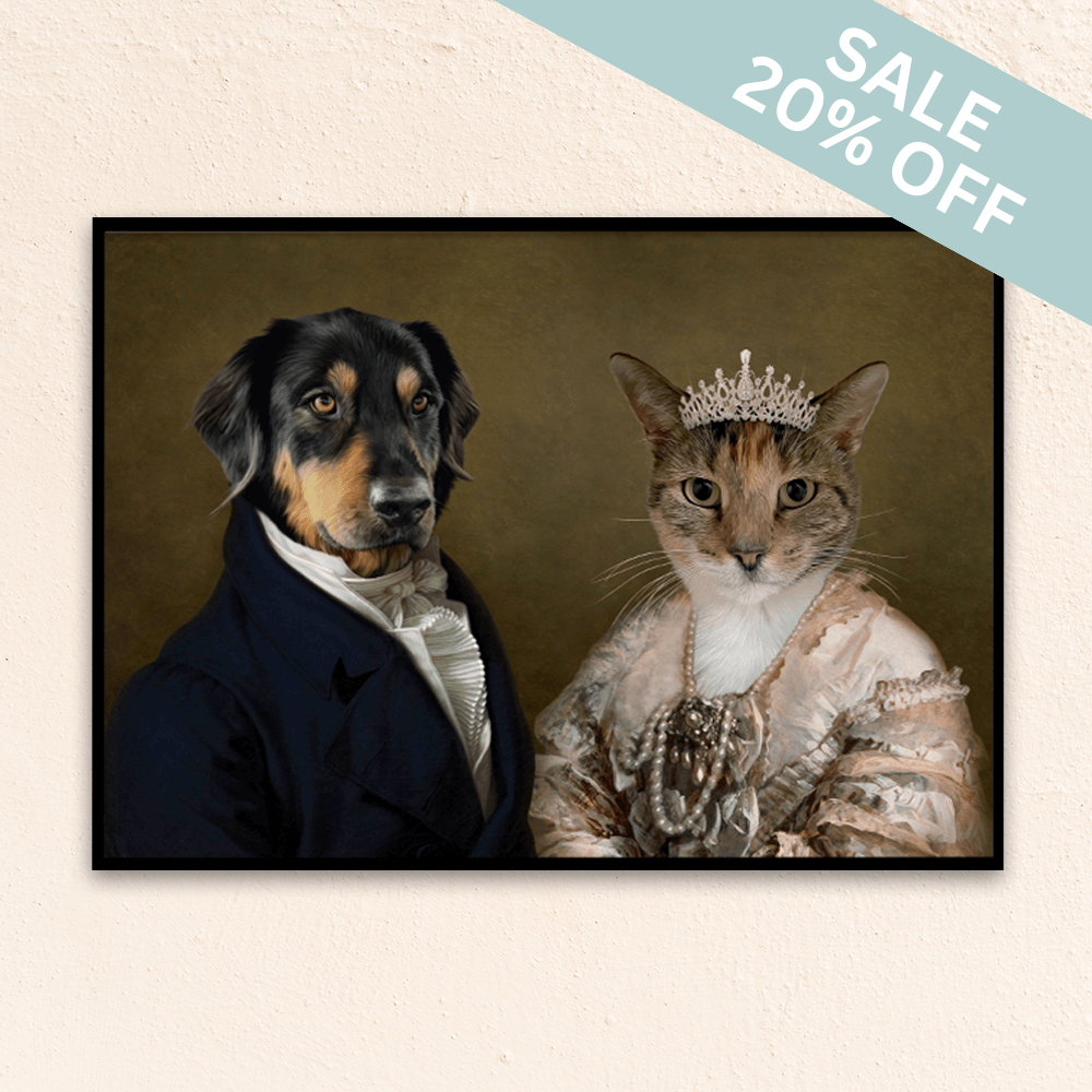 Custom multiple pet, pet portrait. Dog in renaissance blue men's jacket with frilled white shirt. Cat in regal queen pink dress with pearl necklace and diamond crown. 