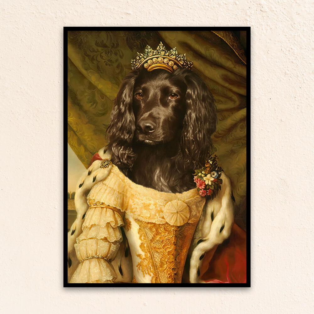 Custom regal pet portrait wall art. Brown dog in a renaissance dress, gold crown, and red cape.