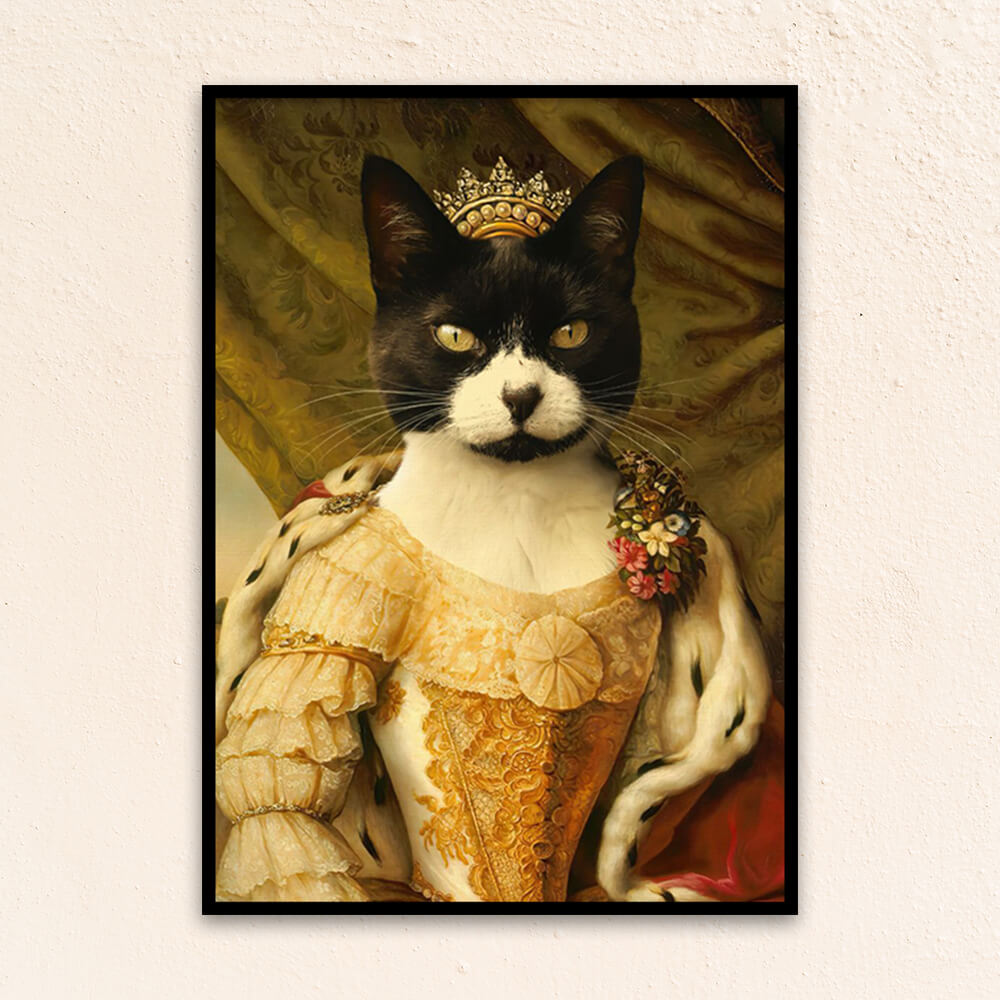 Custom regal pet portrait hallway wall art. Black and white cat in a renaissance dress, gold crown, and red cape.