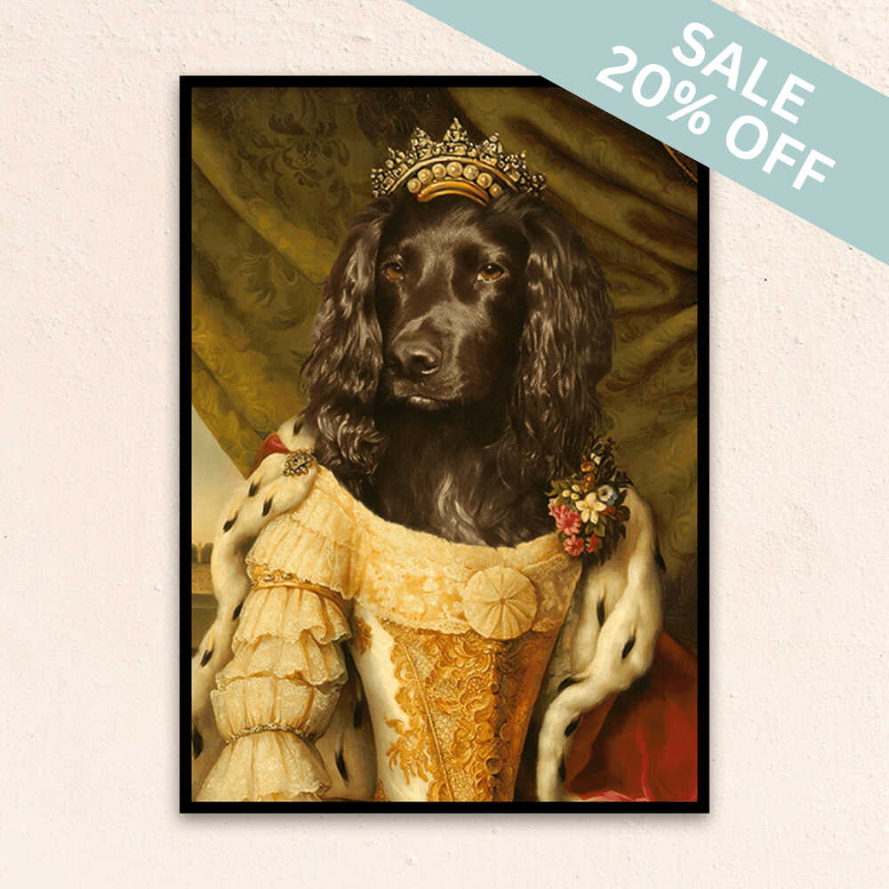 Custom regal pet portrait wall art. Brown dog in a renaissance dress, gold crown, and red cape.