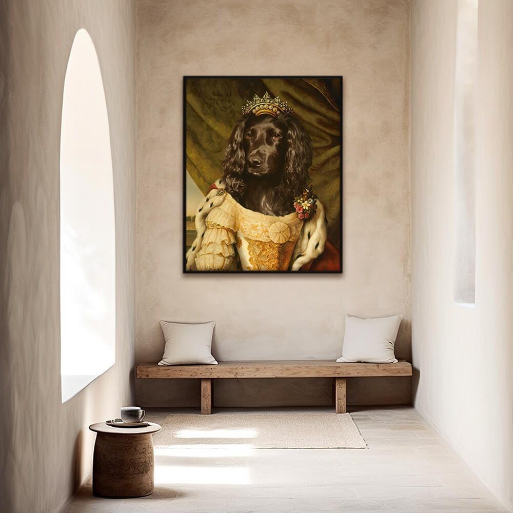 Framed Gilded Queen custom medieval pet portrait displayed in a hallway, showcasing its elegant design and warm, royal presence as wall art.