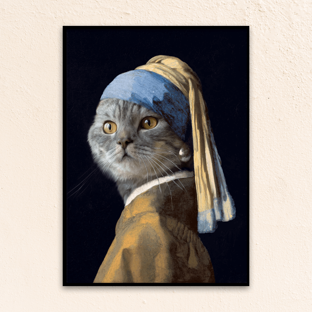 Custom fine art pet portrait wall art. Torte Cat in the artwork Girl with the Pearl Earring.