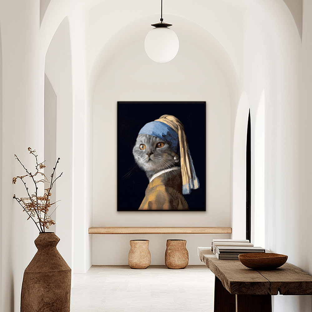 Custom fine art pet portrait hallway wall art. Torte Cat in the artwork Girl with the Pearl Earring.