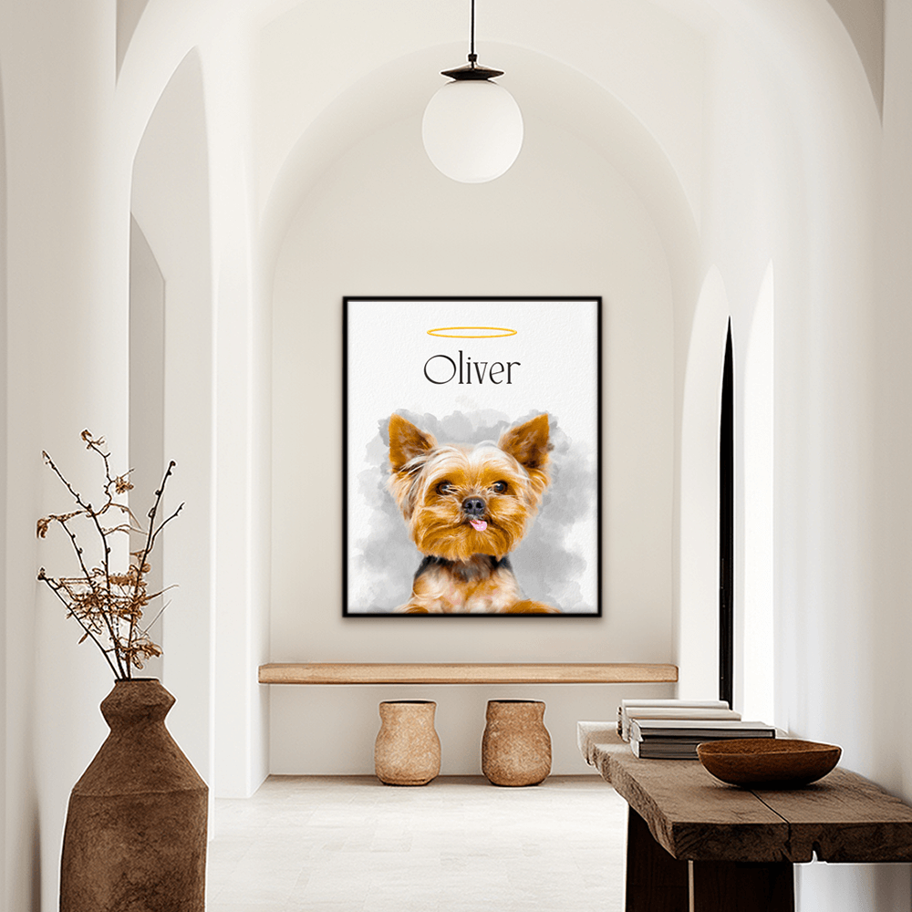 Custom watercolor pet portrait. Yorkie with the pet's name above the pet and a halo above the pet's name.