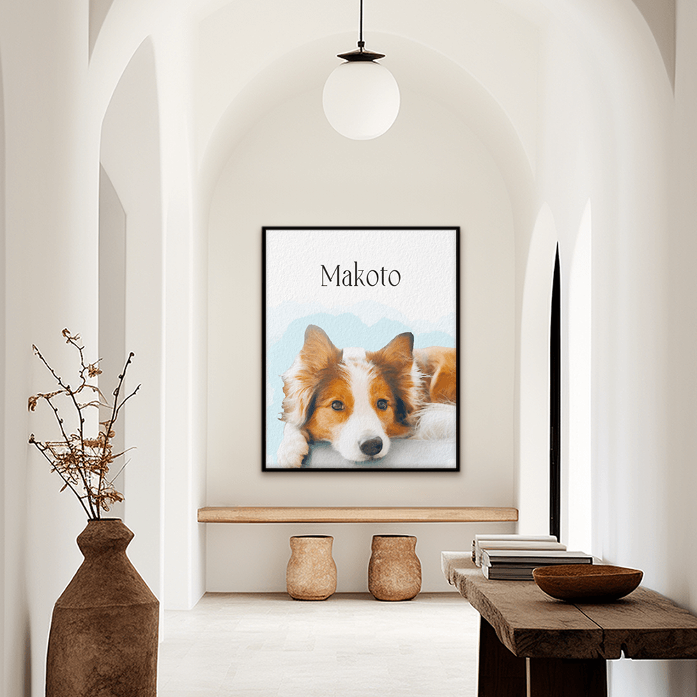 Custom watercolor pet portrait hallway wall art. Collie with the pet's name above the pet.