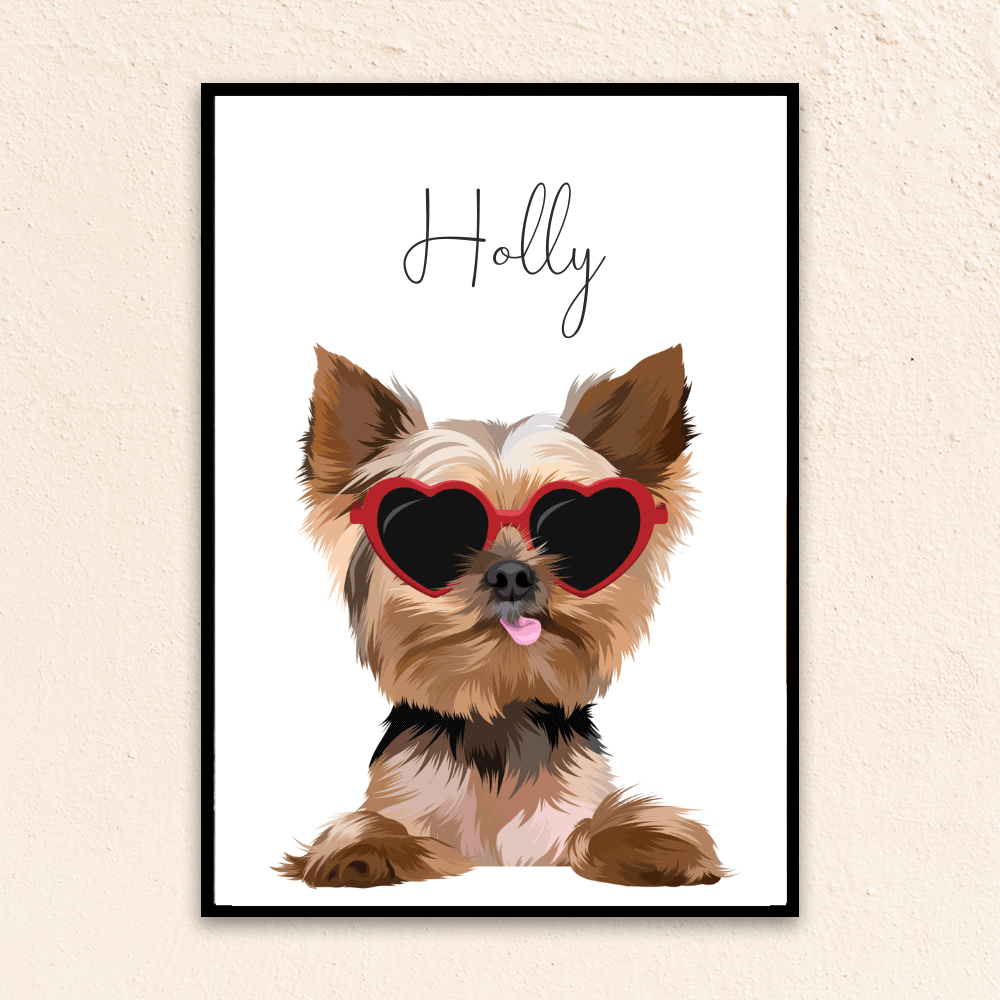 Custom funny pet portrait wall art, Yorkie puppy in heart shaped sunglasses on a white background and personalized with pet name at the top of poster.