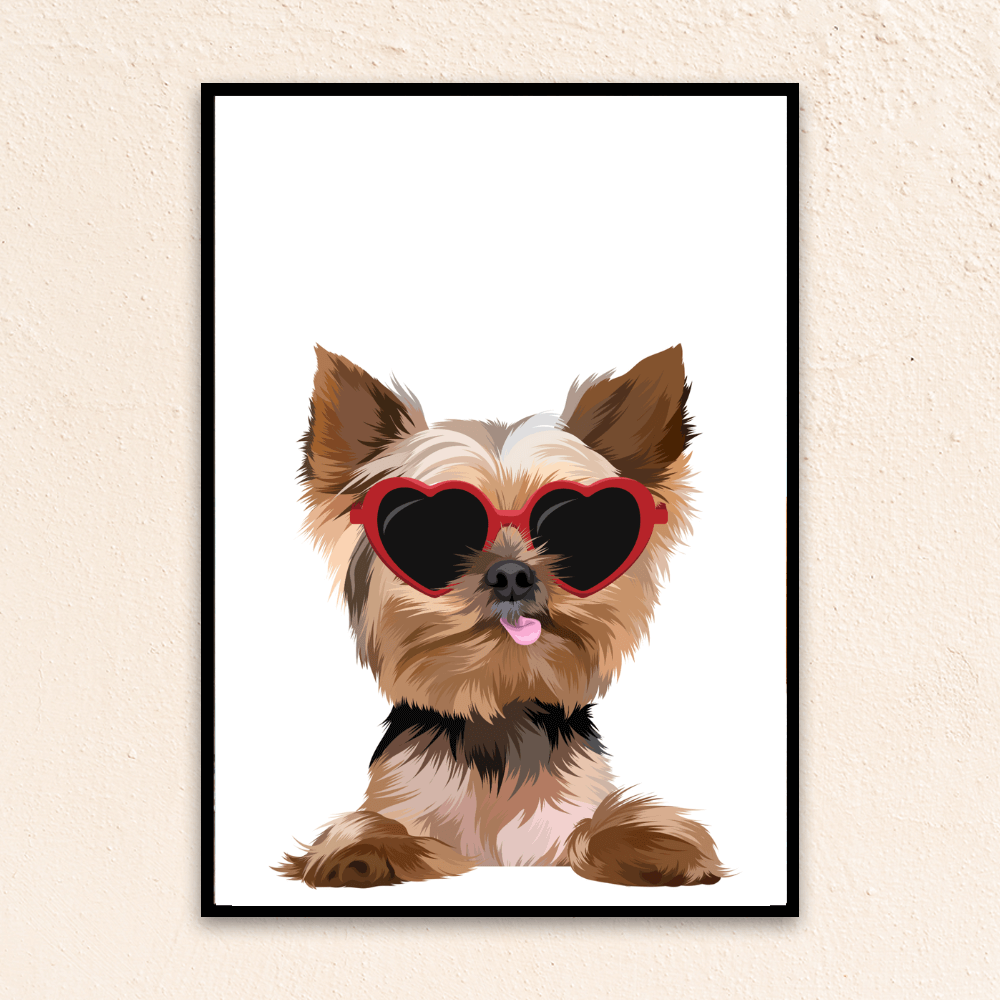 Custom funny pet portrait wall art, Yorkie puppy in heart shaped sunglasses on a white poster background.