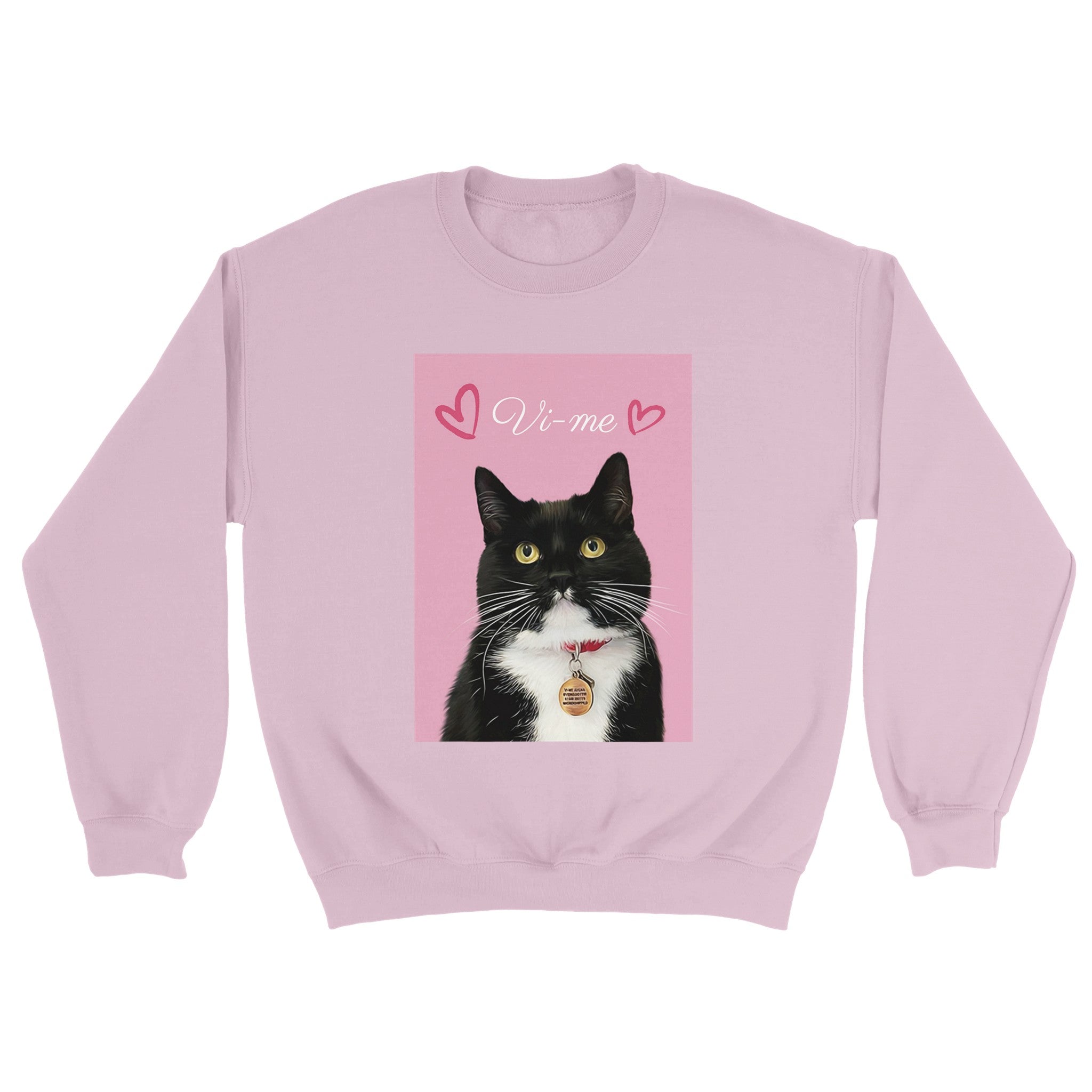 Custom minimal pet portrait on pink sweatshirt. Black and white cat with pet's name at the top with red hearts on each side of the name. Picture background is pink.