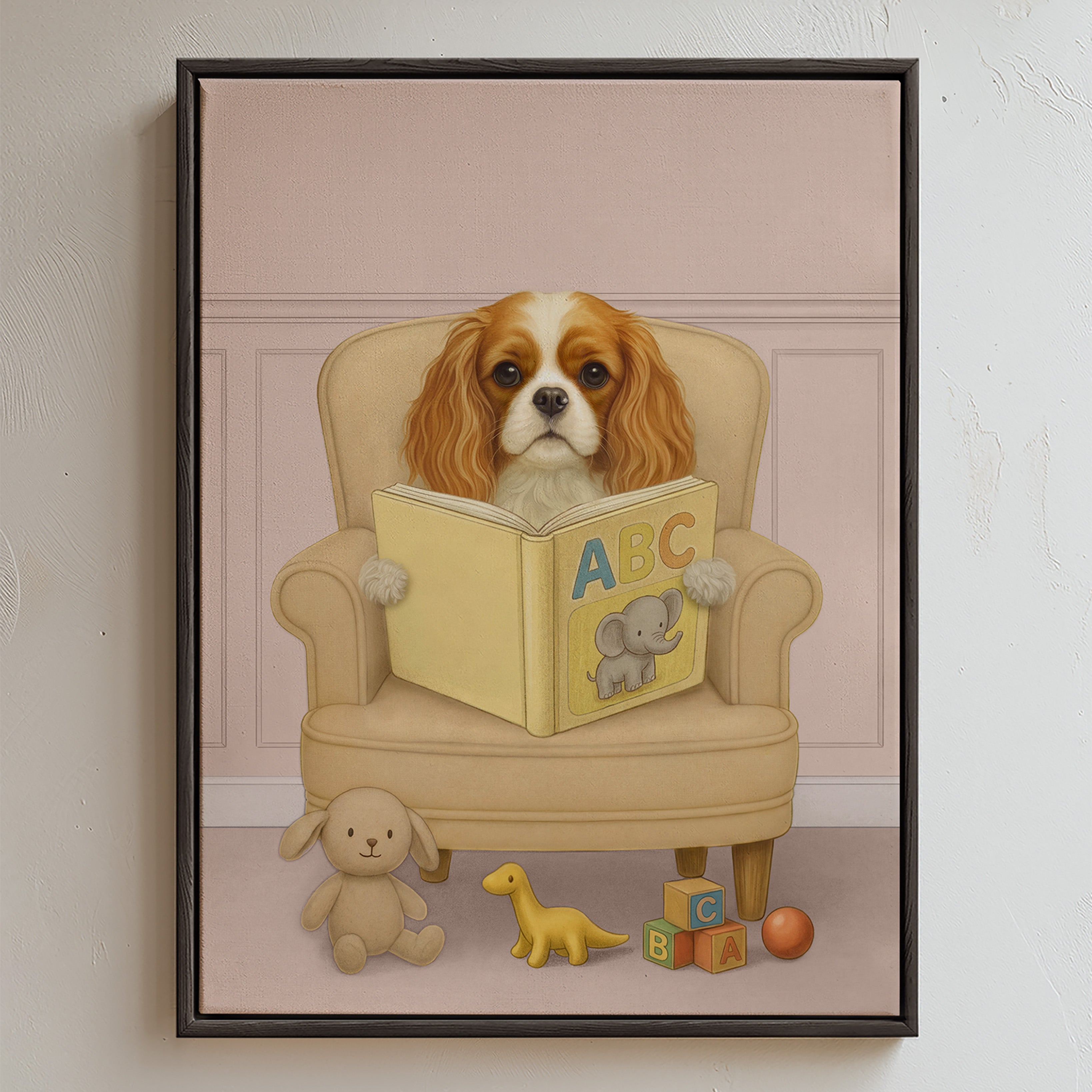 Custom pet portrait of a pup reading a yellow ABC book with an elephant illustration, surrounded by plush toys and alphabet blocks in a calm blush pink room.