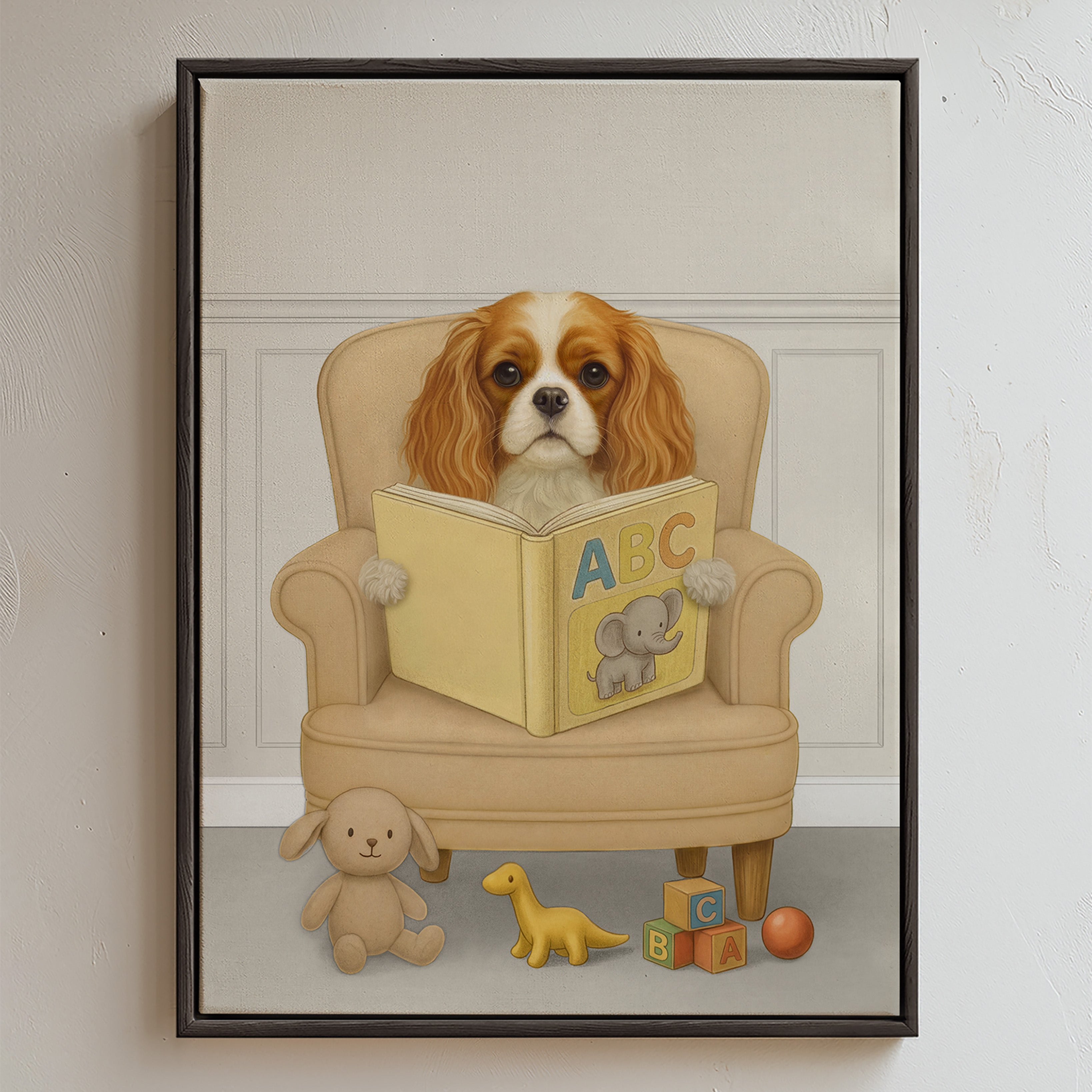 Custom pet portrait of a Cavalier King Charles Spaniel reading a yellow ABC book with an elephant illustration, surrounded by plush toys and alphabet blocks in a cozy nursery dove gray color setting.