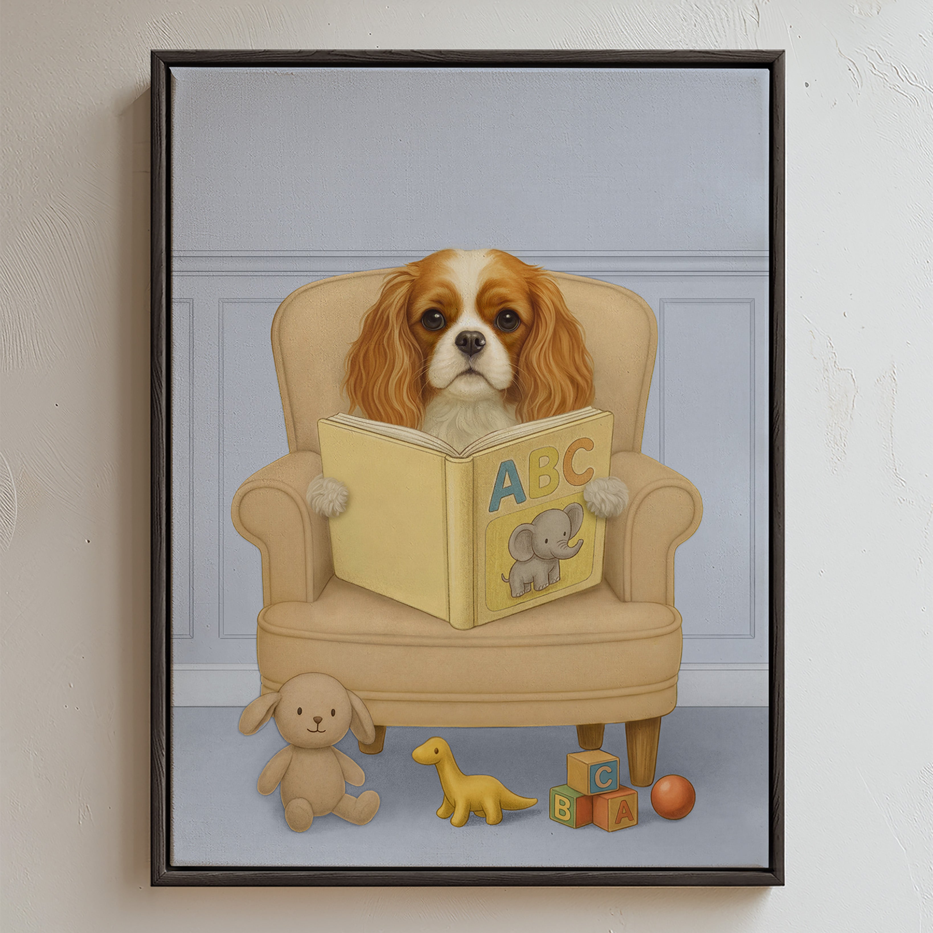 A bespoke pet portrait depicting a cute pup nestled in a cool armchair set against a dusty blue backdrop, reading a vivid yellow ABC storybook adorned with a charming elephant illustration, surrounded by soft plush companions and scattered alphabet blocks that add a touch of playful whimsy.