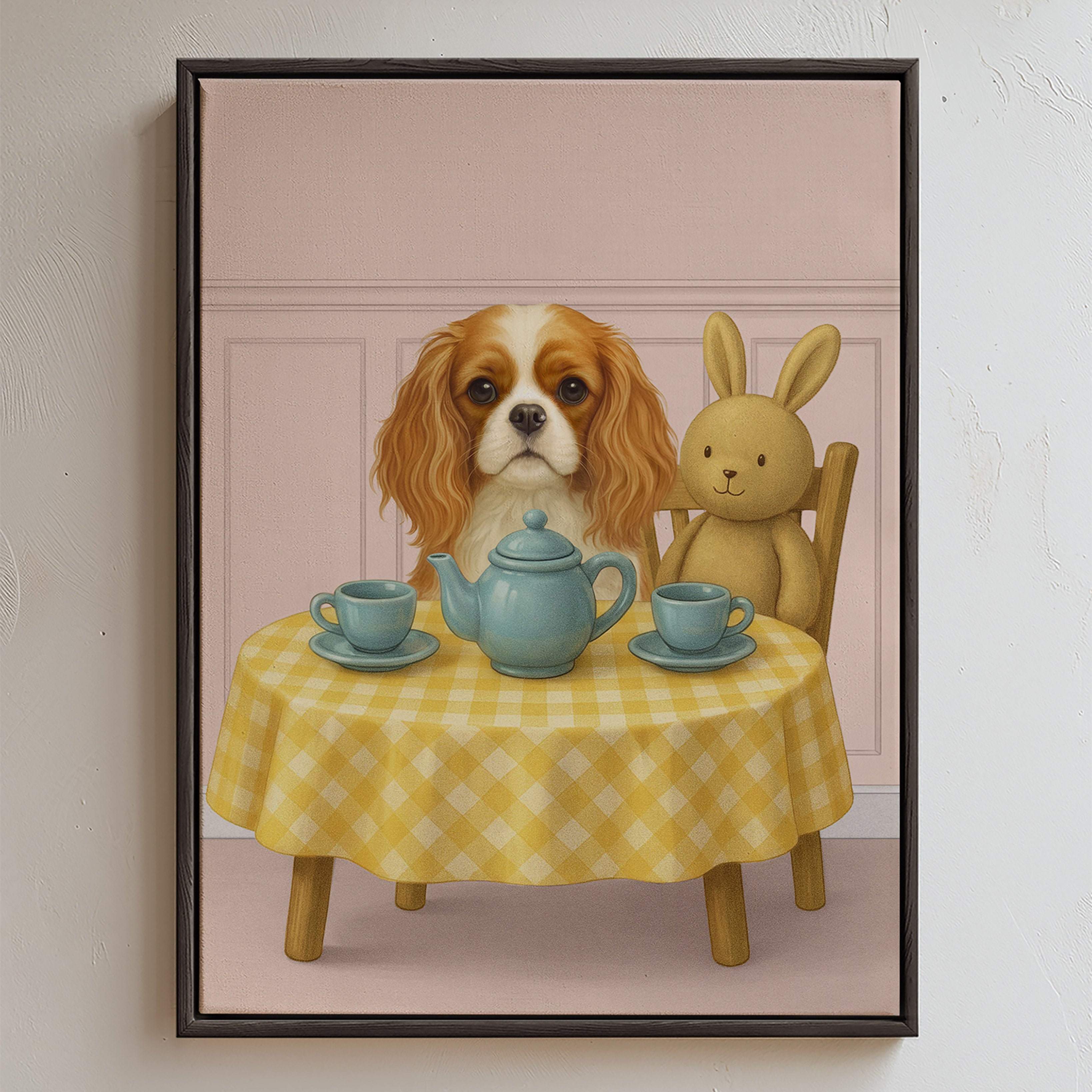 Custom nursery pet wall art set in blush pink color featuring a pup having tea party with a cute bunny sitting at a yellow‑checkered table with blue teacups and teapot set.