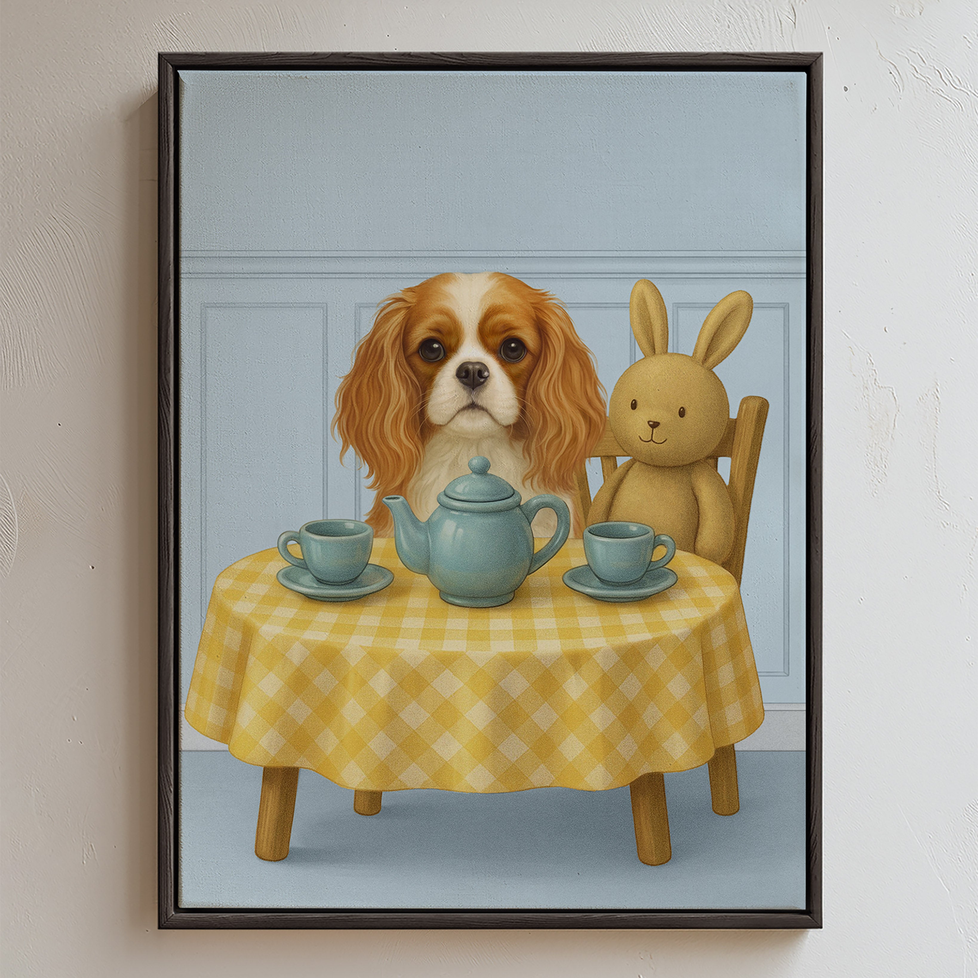 Custom nursery pet portrait in a light blue wall art set featuring a pup having tea party with a cute bunny sitting at a yellow‑checkered table with blue teacups and teapot, in a softly lit nursery setting.