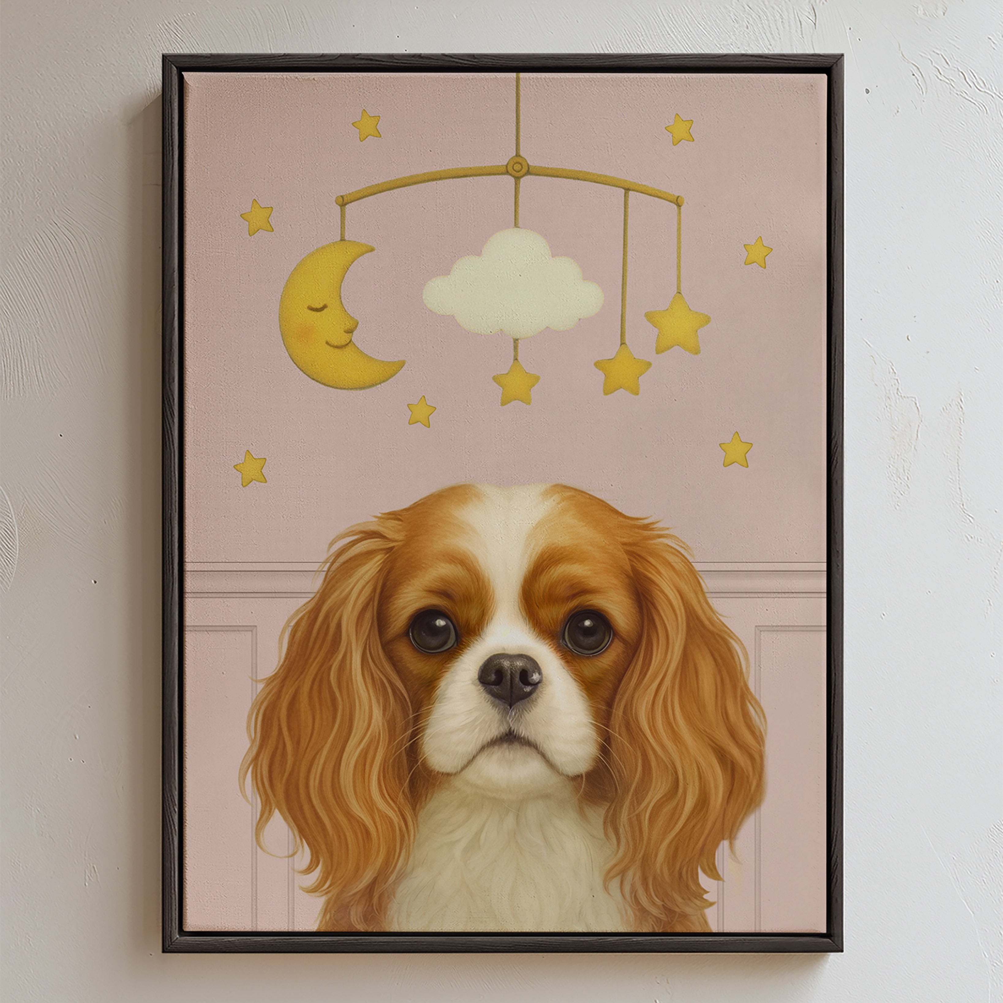 Custom nursery pet portrait of a merry room in blush pink color with a cute dog sitting beneath a nursery mobile with a crescent moon, cloud, and stars.