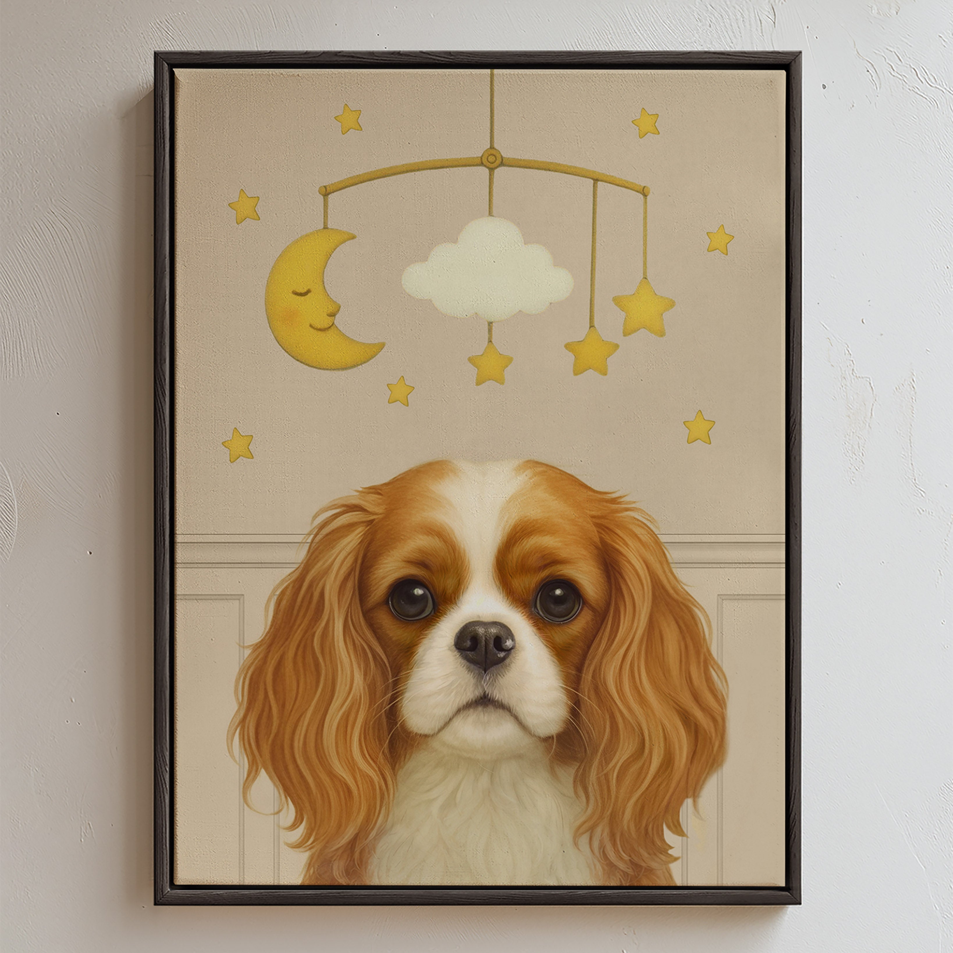 Custom nursery pet portrait dominated in light beige color showcasing a cute pup under a nursery mobile with a crescent moon, cloud, and stars.