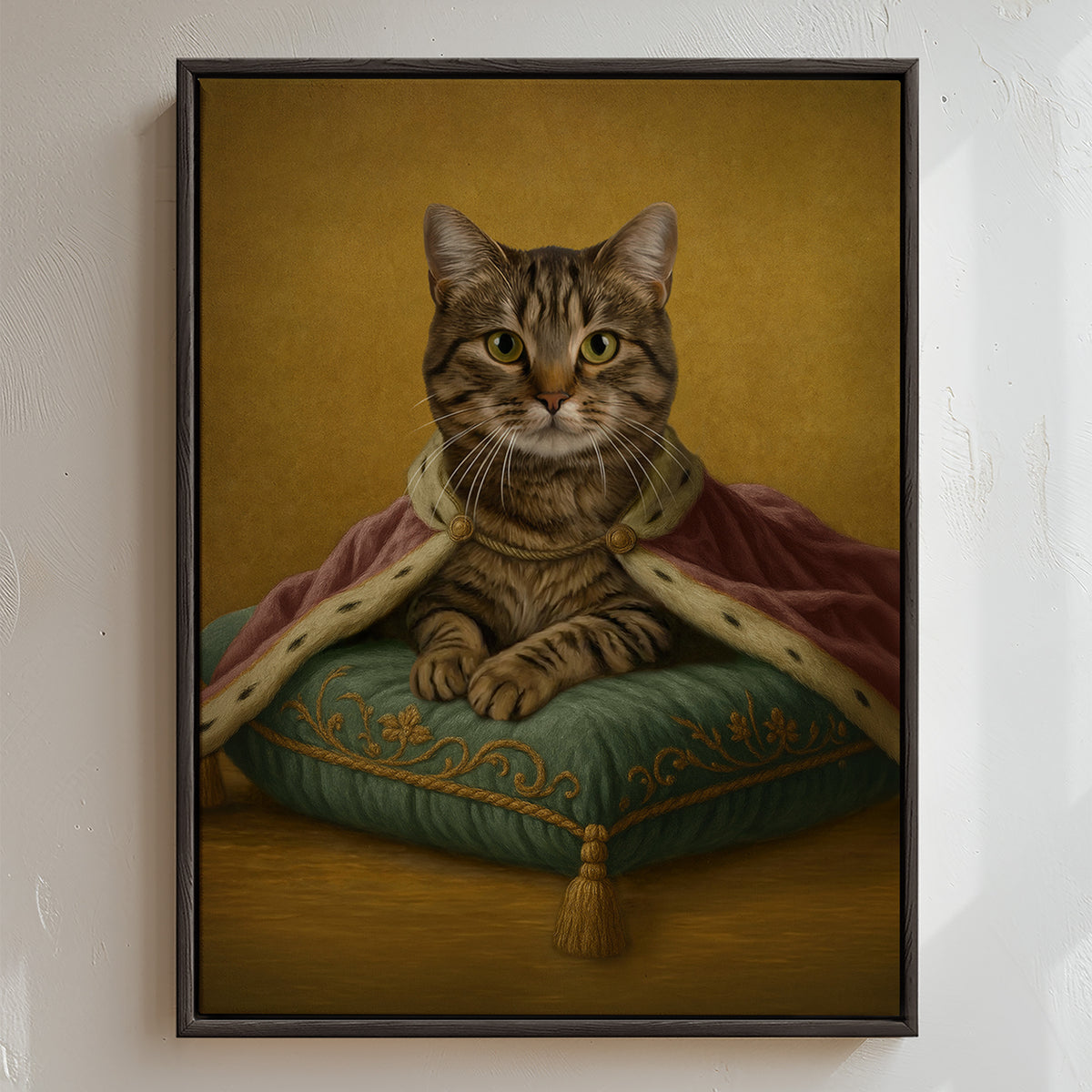 Custom royal cat portrait of The Elegant Puss, featuring a poised feline in a jewel‑trimmed rose colored velvet gown with a high ruff collar, resting on a sage green pillow, exuding timeless aristocratic grace.
