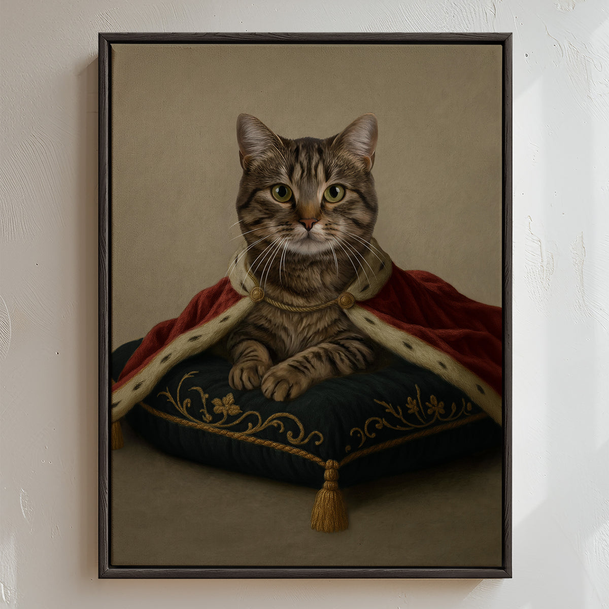 Modern cat royal portrait depicting a composed feline draped in a burgundy gown, sitting on a navy pillow, set against a cement‑like background that lends a subtle, timeless atmosphere.