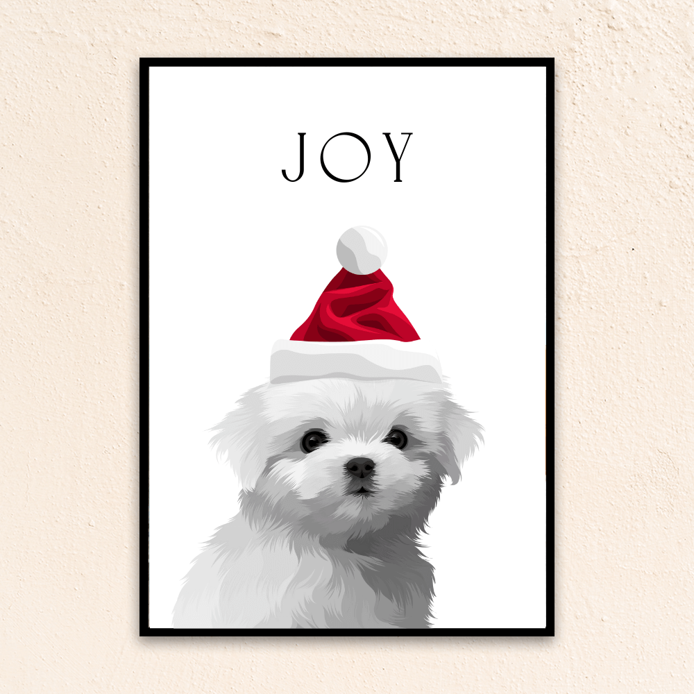 Christmas holiday custom pet portrait. Maltese puppy wearing a Santa Claus hat. 