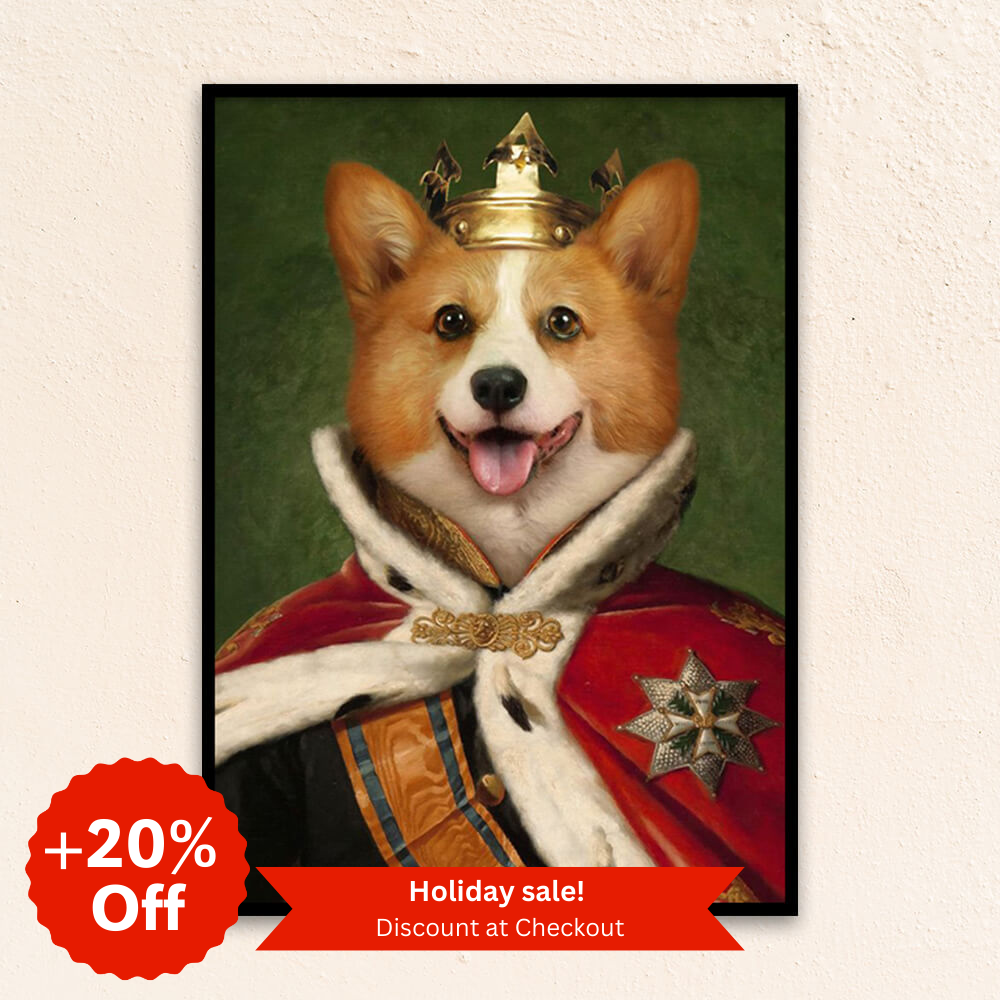 Custom royal pet portrait wall art. Corgi dog wearing a King's crown and regal red cape.