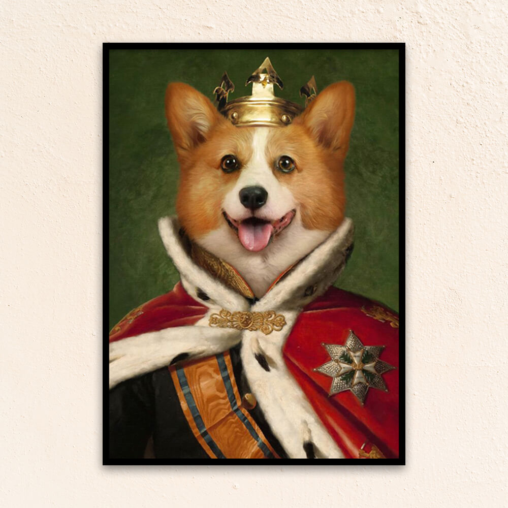 Custom royal pet portrait wall art. Corgi dog wearing a King's crown and regal red cape.