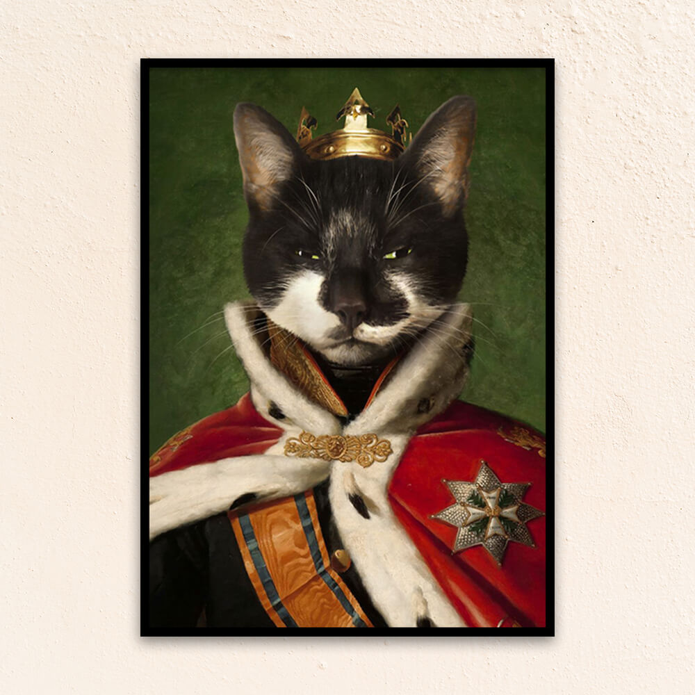 Custom royal pet portrait wall art. Black and white cat wearing a King's crown and regal red cape.