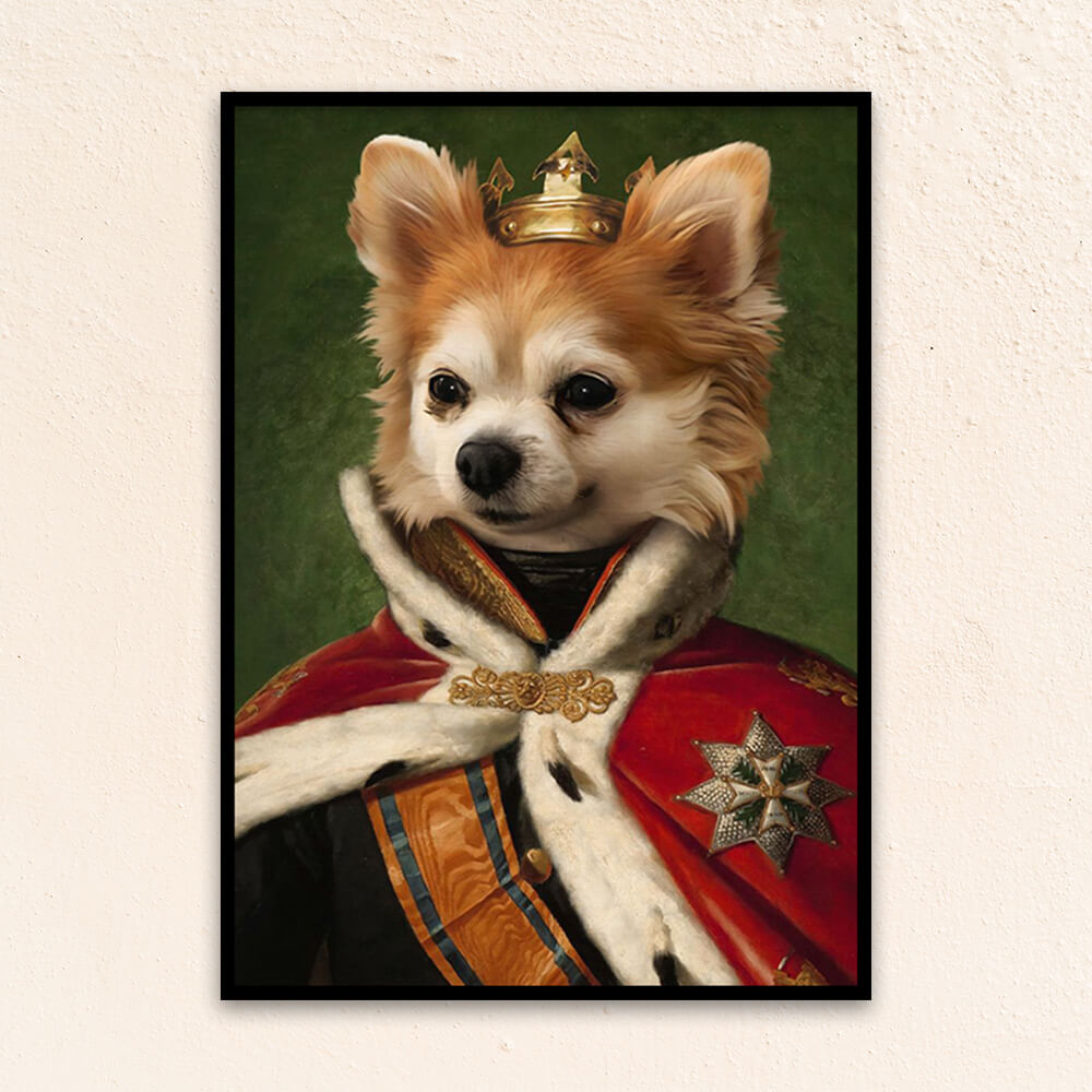 Custom royal pet portrait wall art. Pomeranian dog wearing a King's crown and regal red cape.