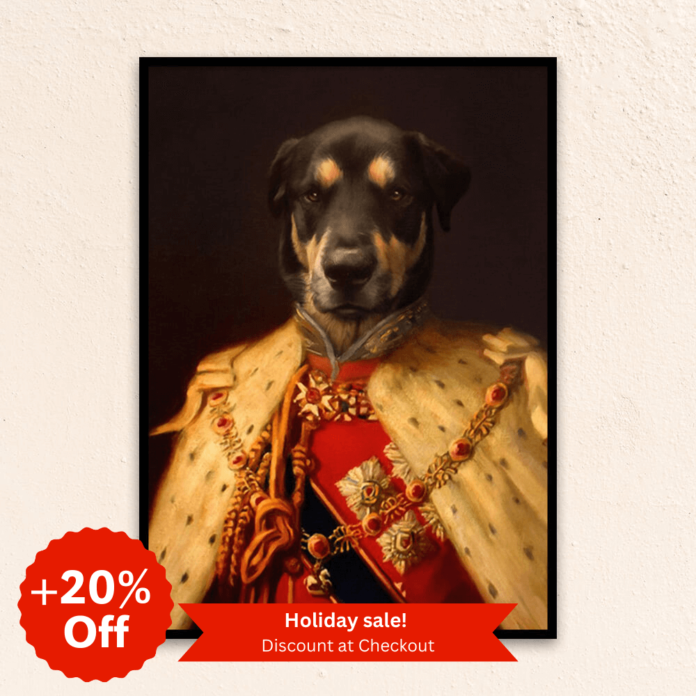 Custom royal pet portrait wall art.  Dog in renaissance king's military costume with fur cape.