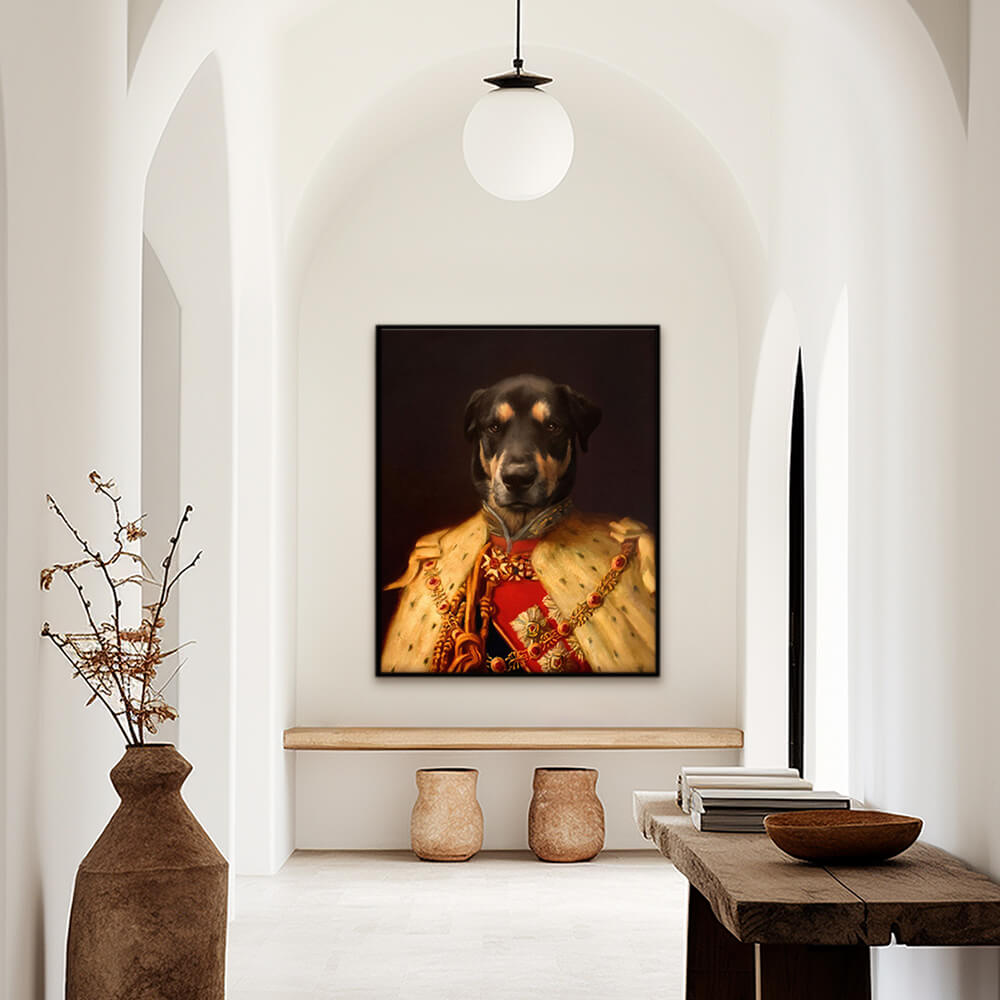 Custom royal pet portrait hallway wall art. Dog in renaissance king's military costume with fur cape.