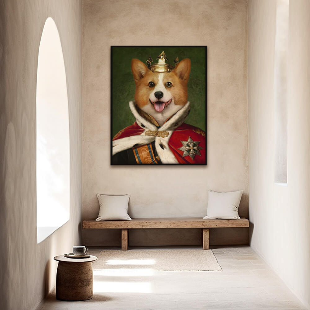 Custom royal pet portrait hallway wall art. Corgi dog wearing a King's crown and regal red cape.