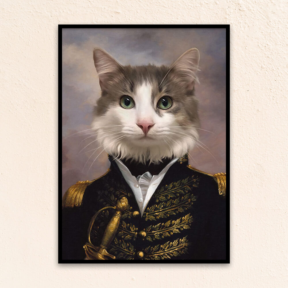 Custom military pet portrait wall art. Grey and white cat wearing royal black and gold military attire holding a sword.