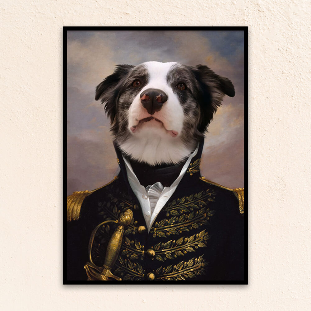 Custom military pet portrait wall art. Border Collie dog wearing royal black and gold military attire holding a sword.