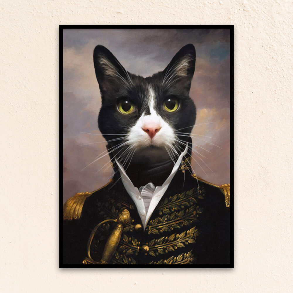 Custom military pet portrait wall art.  Cat wearing royal black and gold military attire holding a sword.