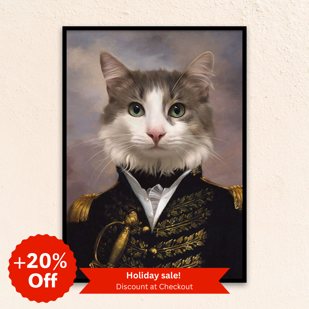 Custom military pet portrait wall art. Grey and white cat wearing royal black and gold military attire holding a sword.