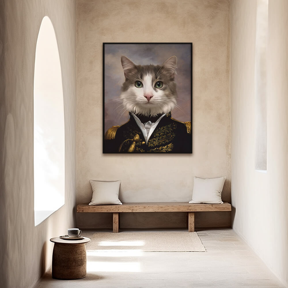 Custom military pet portrait hallway wall art. Grey and white cat wearing royal black and gold military attire holding a sword.