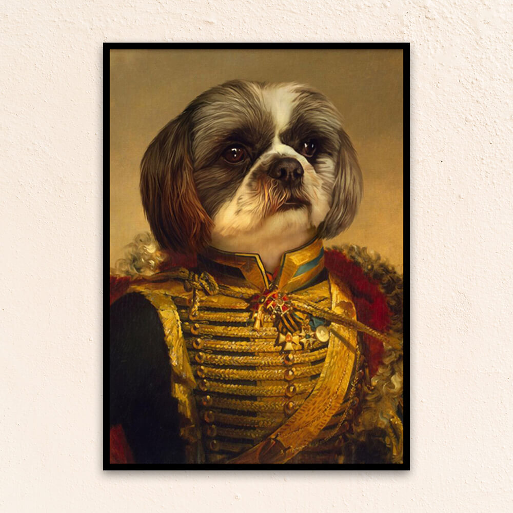 Custom military pet portrait wall art.  Shih Tzu dog wearing renaissance military costume with gold sash and red and gold collar. 