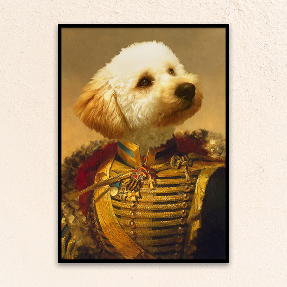 Custom military pet portrait wall art.  Poodle dog wearing renaissance military costume with gold sash and red and gold collar. 