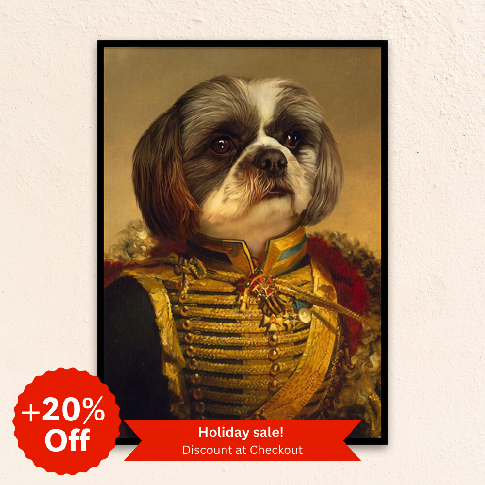 Custom military pet portrait wall art.  Shih Tzu dog wearing renaissance military costume with gold sash and red and gold collar. 