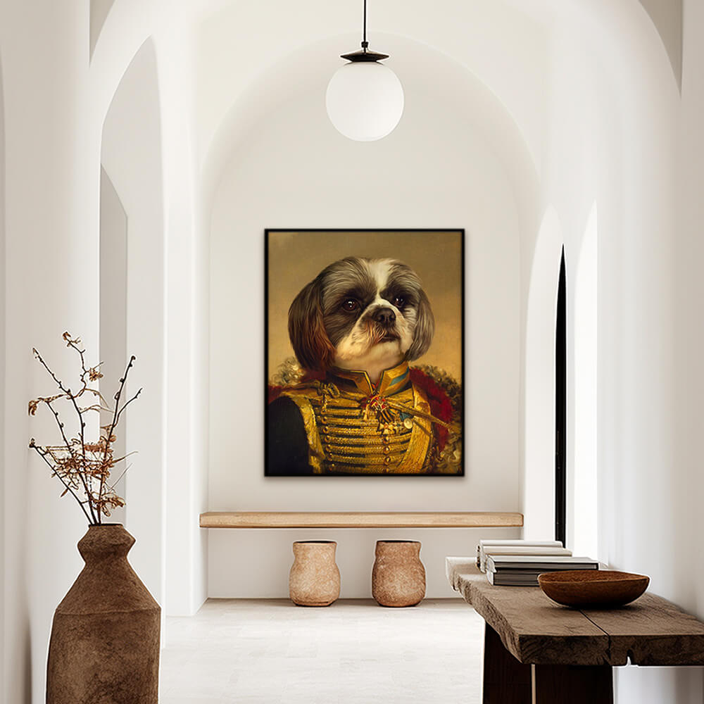 Custom military pet portrait hallway wall art  Shih Tzu dog wearing renaissance military costume with gold sash and red and gold collar. 