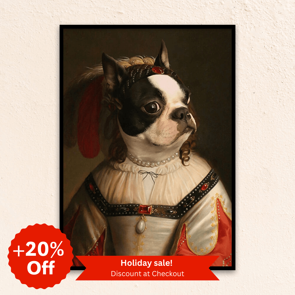 Custom regal pet portrait wall art.  French Bulldog wearing renaissance costume.