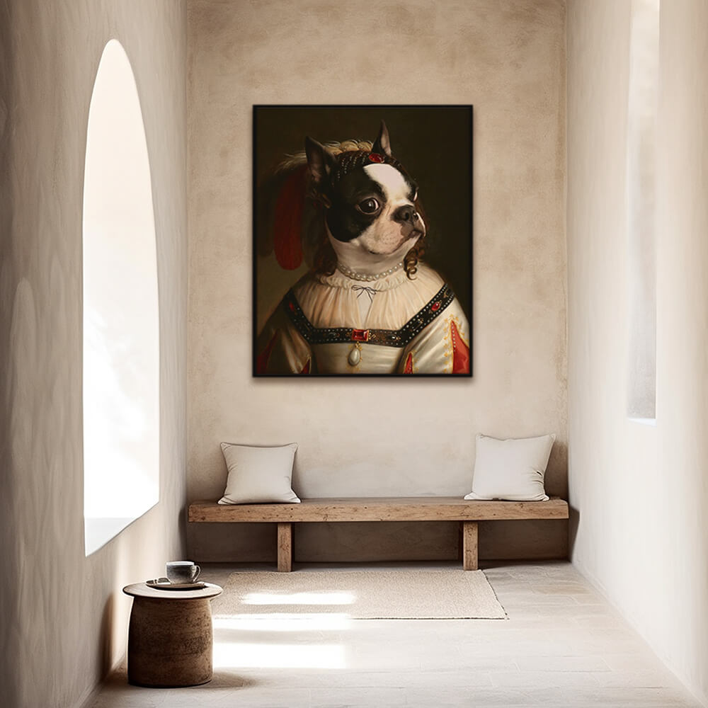 Custom regal pet portrait wall art. French Bulldog wearing renaissance costume.