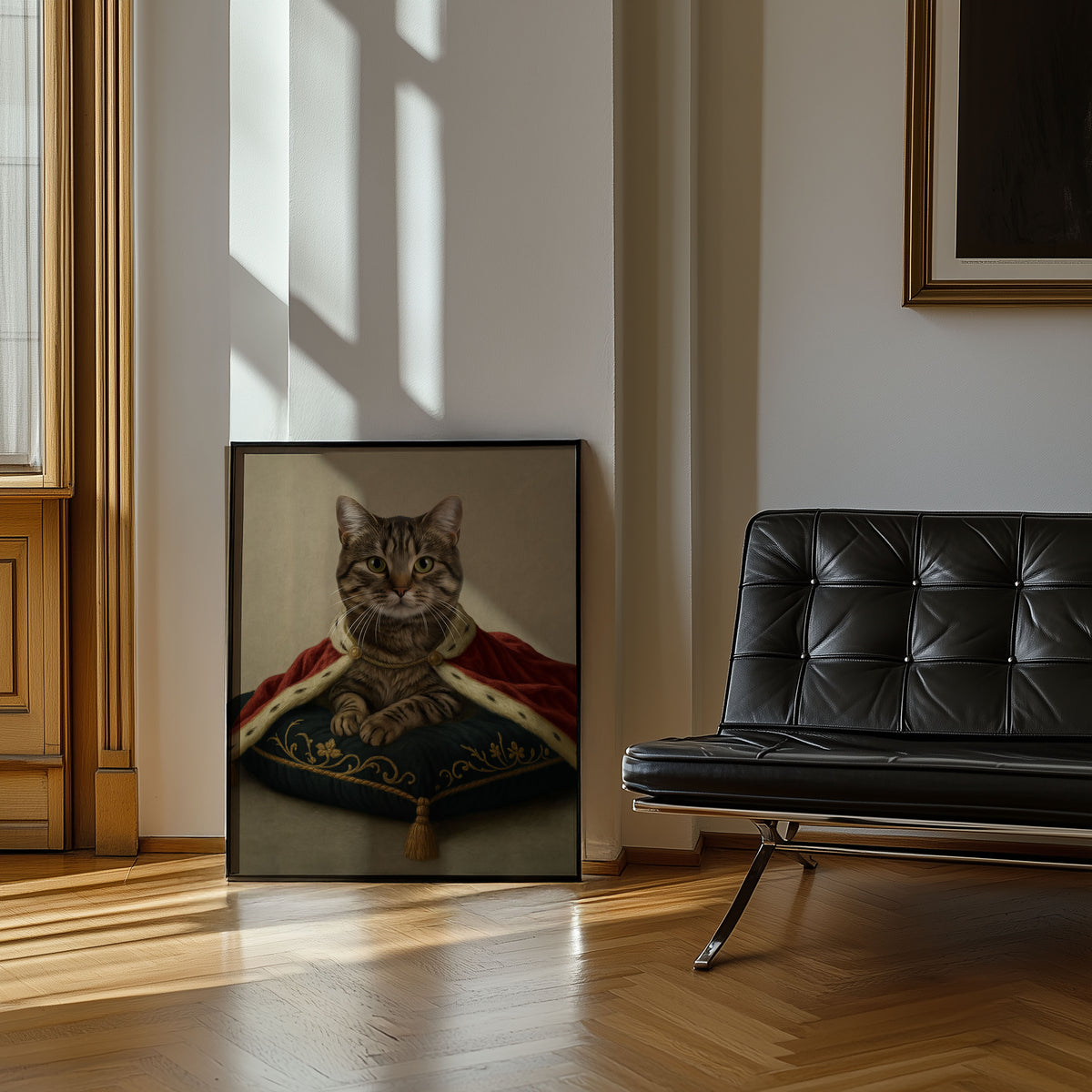 A modern style, cement-like backdrop, framed portrait print of a tabby cat wearing a burgundy cape and resting on a navy colored pillow with artistic embroidery, leaning against a wall in a sunlit room next to a black leather chair.