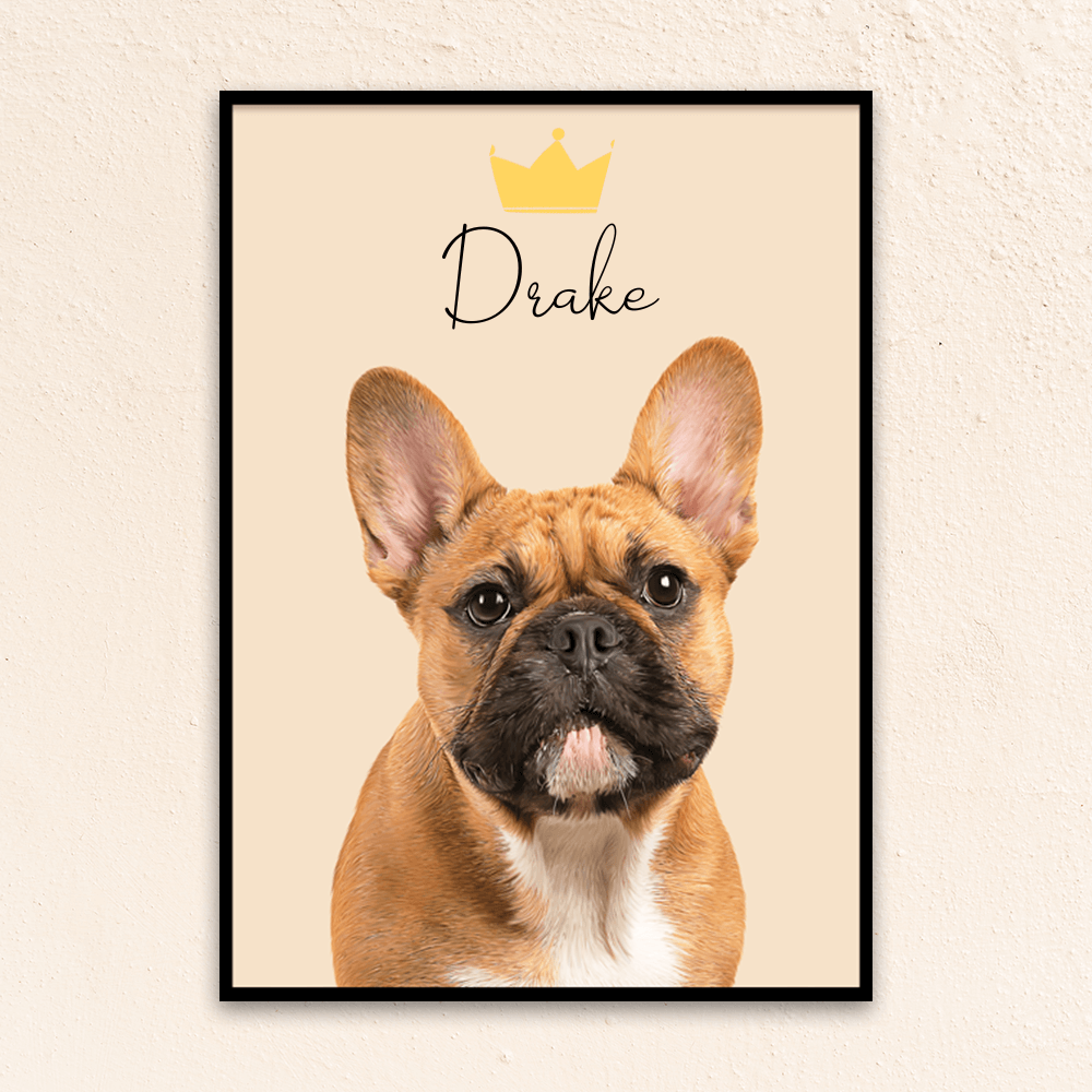 Custom minimal pet portrait. French Bulldog with the pet's name at the top of the poster with a crown above the name. 