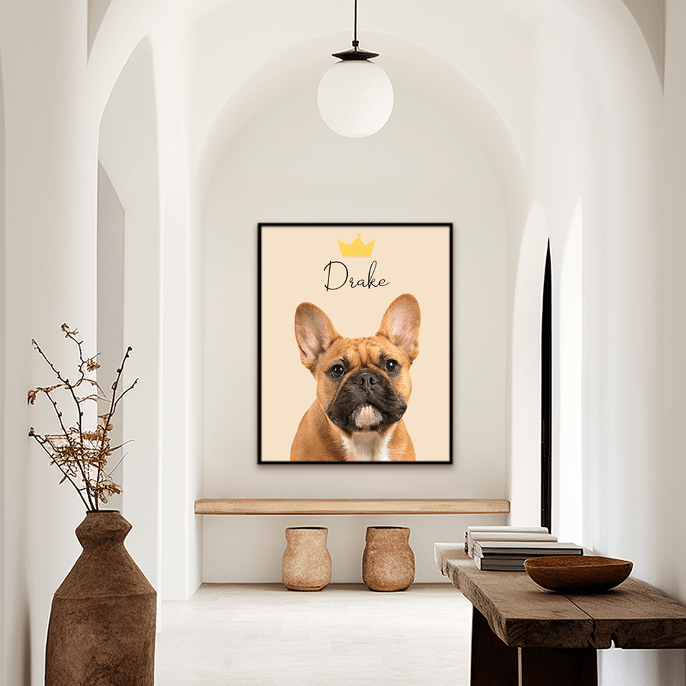 Custom minimal pet portrait hallway wall art.. French Bulldog with the pet's name at the top of the poster with a crown above the name.