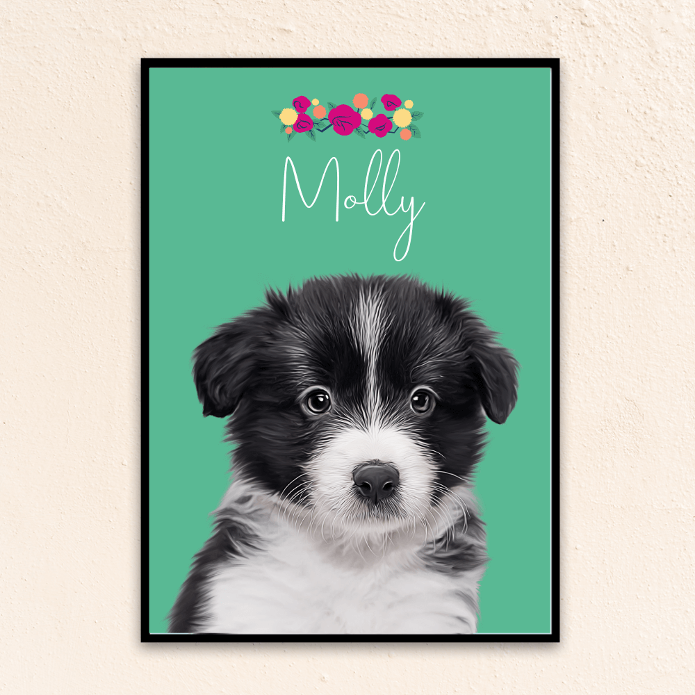 Custom minimal pet portrait. Border Collie puppy with the pet's name at the top of the poster with a floral crown above the name. On a green poster background.