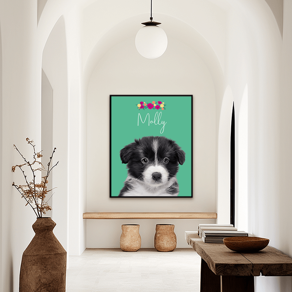 Custom minimal pet portrait hallway wall art. Border Collie puppy with the pet's name at the top of the poster with a floral crown above the name. On a green poster background.