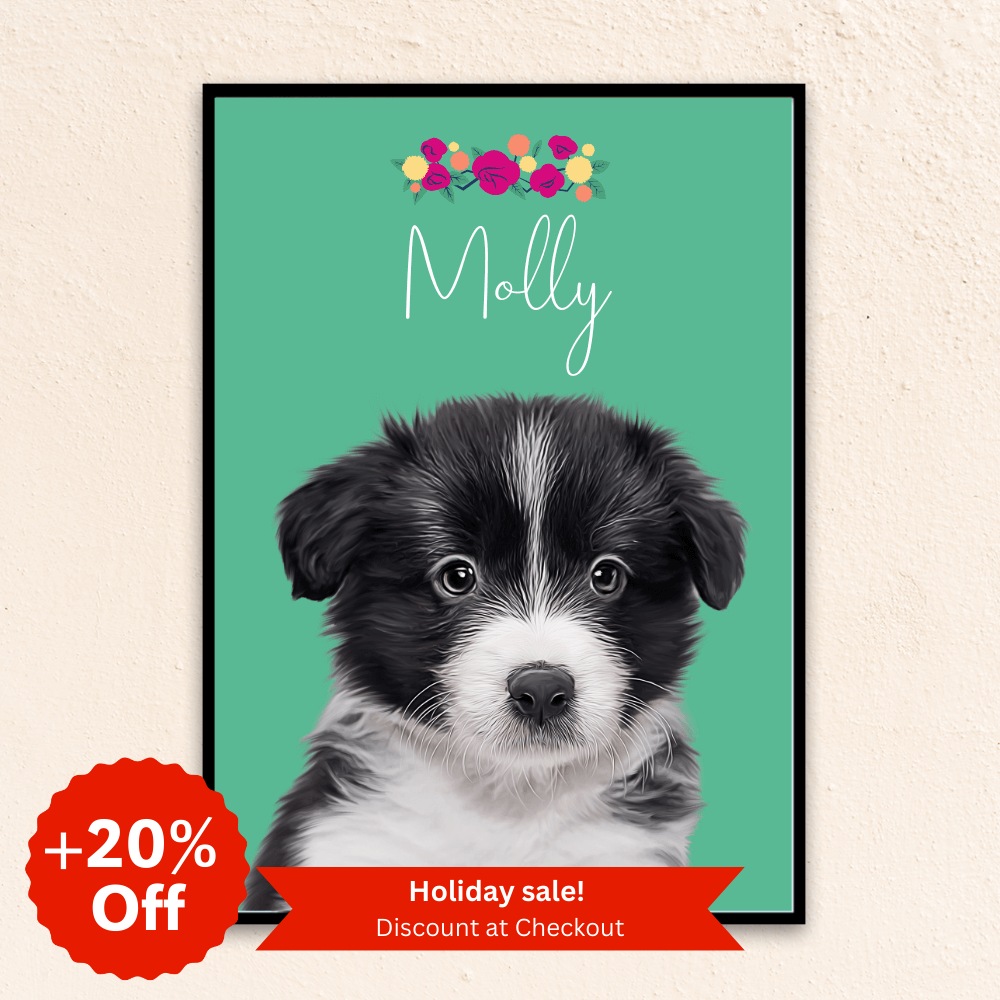 Custom minimal pet portrait. Border Collie puppy with the pet's name at the top of the poster with a floral crown above the name. On a green poster background.