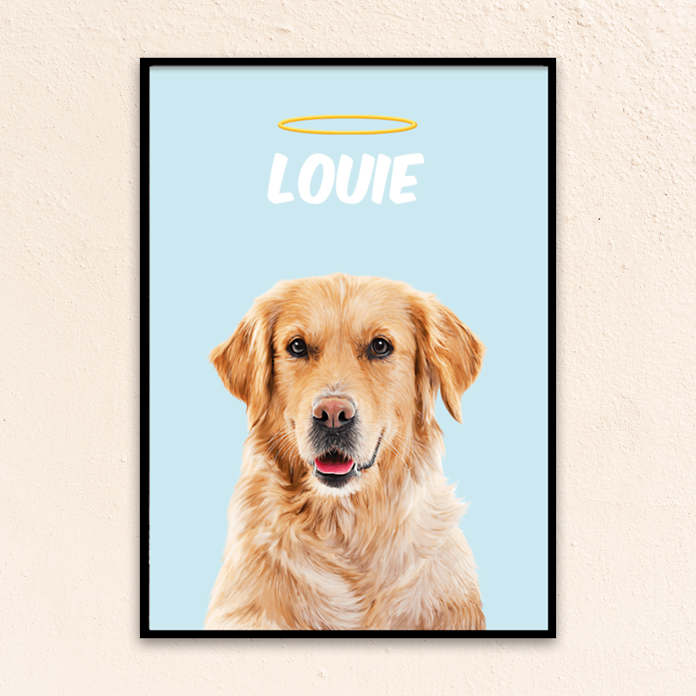 Custom minimal pet portrait. Golden Retriever with the pet's name at the top of the poster. Name at the top of poster with a halo above the name. Poster background is light blue.