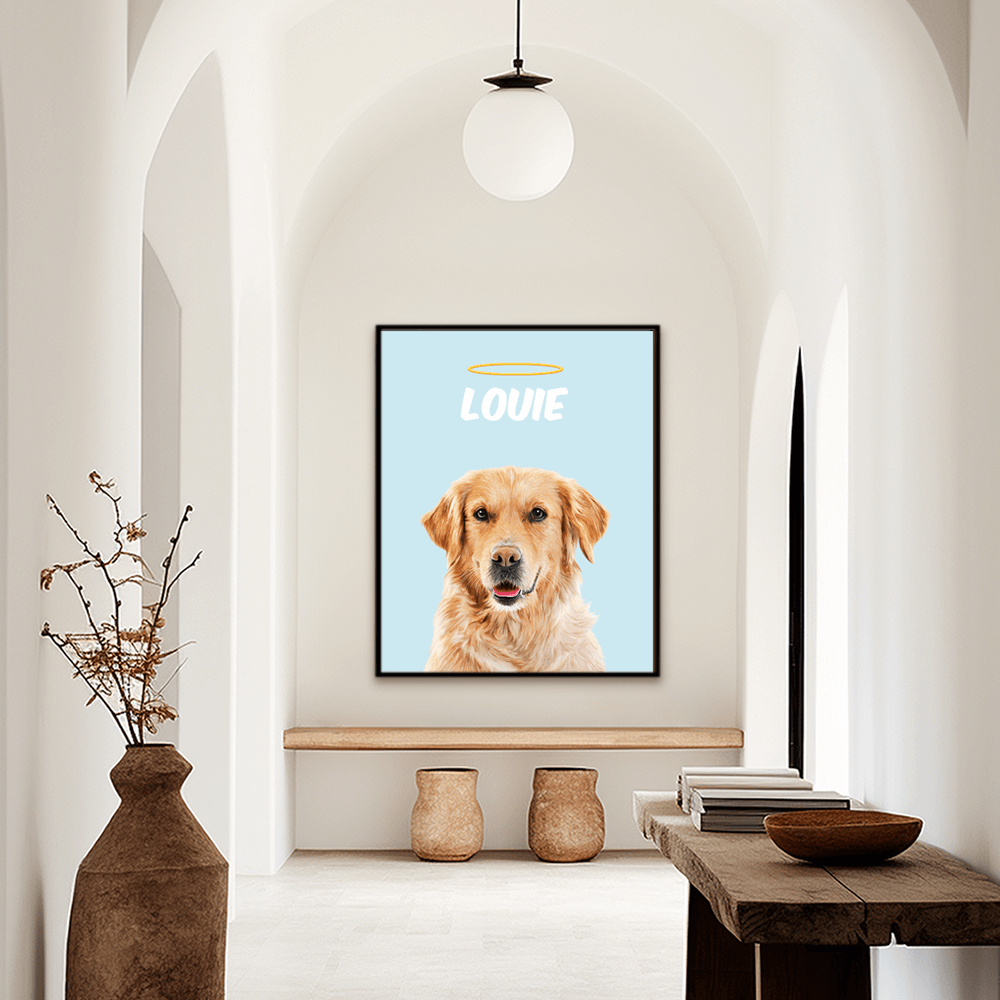 Custom minimal pet portrait hallway wall art. Golden Retriever with the pet's name at the top of the poster. Name at the top of poster with a halo above the name. Poster background is light blue.