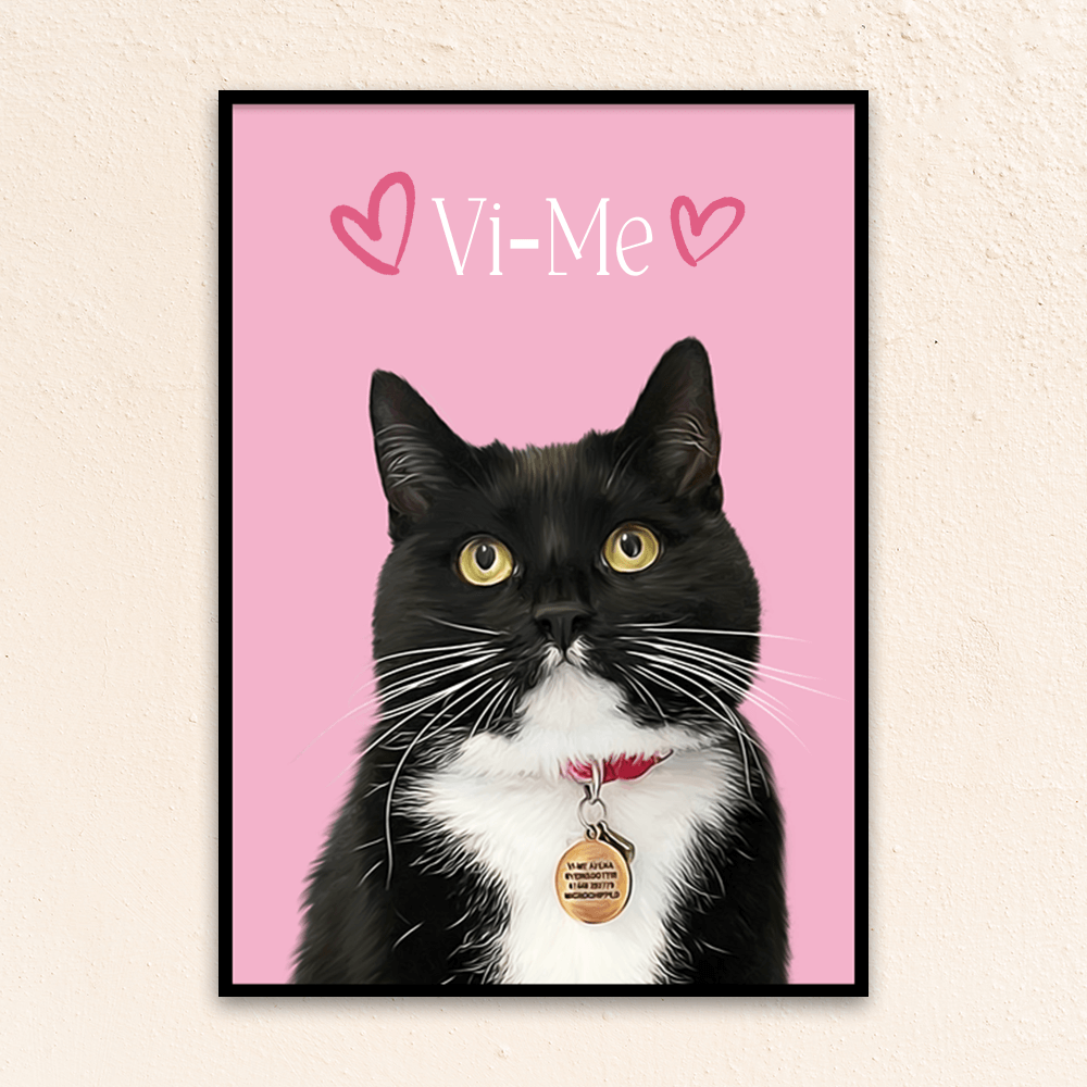 Custom minimal pet portrait. Black and white cat with the pet's name at the top of the poster. Name at the top of poster with red hearts on each side of the name. Poster background is pink. 