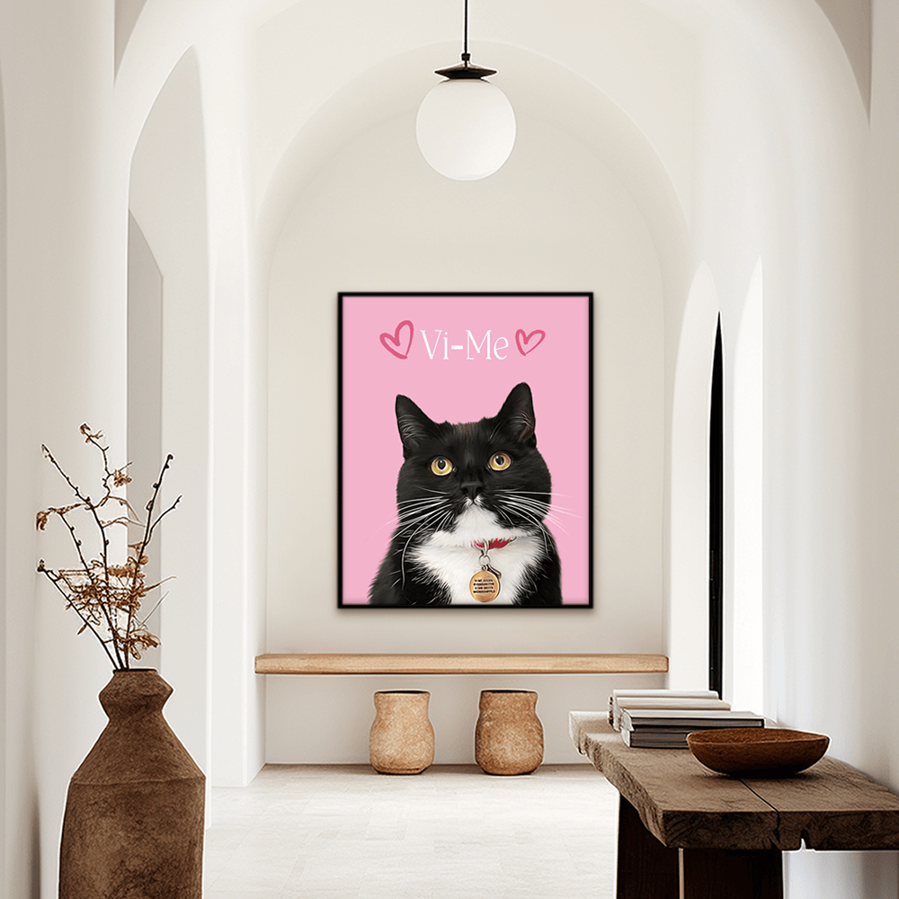 Custom minimal pet portrait hallway wall art. Black and white cat with the pet's name at the top of the poster. Name at the top of poster with red hearts on each side of the name. Poster background is pink. 